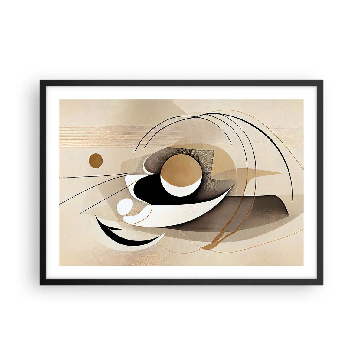 Plakat w czarnej ramie - Abstrakcyjna kompozycja w odcieniach beżu i czerni - 70x50cm - Kompozycja: istota rzeczy - Nowoczesna dekoracja ścienna do salonu i sypialni ARTTOR