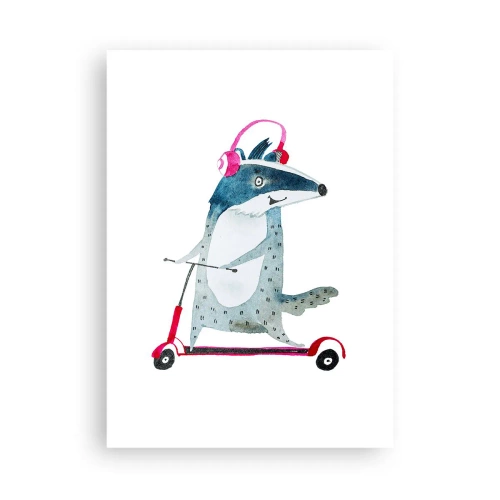 Plakat - Ilustracja borsuka na hulajnodze w różowych słuchawkach - 50x70cm - Borsucze radości - Nowoczesna dekoracja ścienna do salonu, kuchni i sypialni ARTTOR