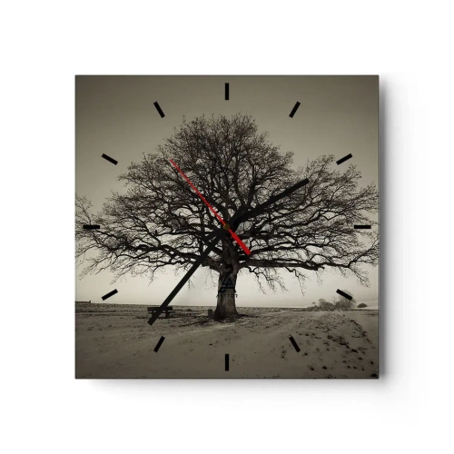 Zegar ścienny - Samotne drzewo na tle pola w sepii - 30x30cm - Stąd do wieczności - Nowoczesna dekoracja ścienna do salonu i sypialni ARTTOR