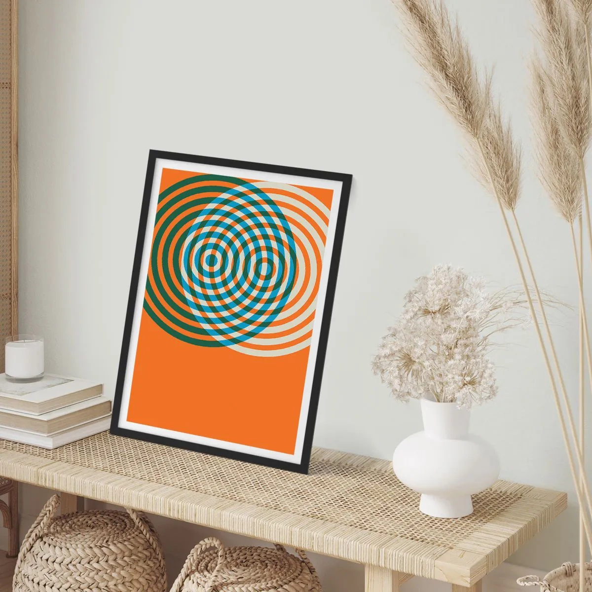 Plakat w czarnej ramie - Kolorowe koncentryczne koła na pomarańczowym tle - 50x70cm - Abstrakcyjna wariacja kolista - Nowoczesna dekoracja ścienna do salonu i sypialni ARTTOR