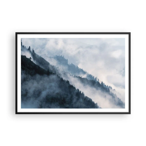 Plakat w czarnej ramie - Mgła unosząca się nad zalesionymi zboczami gór w tajemniczym krajobrazie - 100x70cm - Mistyka gór - Nowoczesna dekoracja ścienna do salonu i sypialni ARTTOR