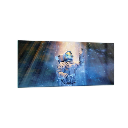 Obraz na szkle - Astronauta w świetle kosmicznej eksplozji pełnej gwiazd - 120x50cm - Wreszcie u celu - Nowoczesna dekoracja ścienna do salonu i sypialni ARTTOR