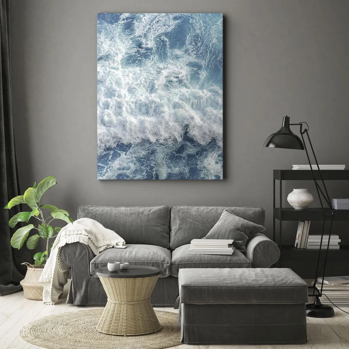 Obraz na płótnie - Błękitne fale oceanu uderzające o wodę - 50x70cm - Radośnie i w podskokach - Nowoczesna dekoracja ścienna do salonu, kuchni i sypialni ARTTOR
