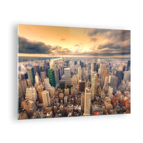 Obraz na szkle - Panorama miasta z wieżowcami o zachodzie słońca - 70x50cm - Wyzłocone metropolis - Nowoczesna dekoracja ścienna do salonu i sypialni ARTTOR