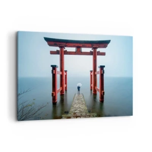 Obraz na płótnie - Brama torii nad spokojnym jeziorem w Japonii - 120x80cm - Japońska zaduma - Nowoczesna dekoracja ścienna do salonu, kuchni i sypialni ARTTOR