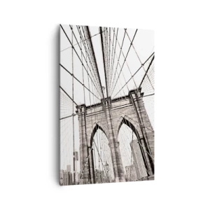 Obraz na płótnie - Most Brooklyn w monochromatycznym ujęciu - 80x120cm - Nowojorska katedra - Nowoczesna dekoracja ścienna do salonu i sypialni ARTTOR