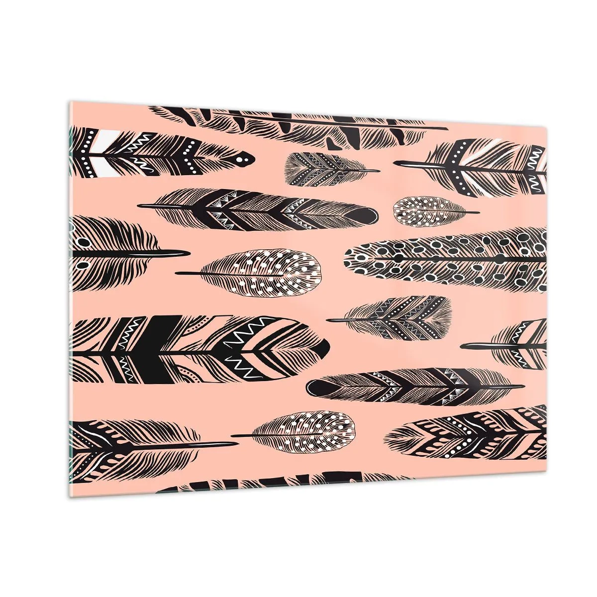 Obraz na szkle - Dekoracyjne pióra w czarno-białe wzory na różowym tle - 100x70cm - Indiańska kolekcja - Nowoczesna dekoracja ścienna do salonu, kuchni i sypialni ARTTOR
