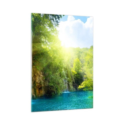 Obraz na szkle - Wodospad wpadający do błękitnego jeziora otoczonego zielenią - 50x70cm - To musi być Eden - Nowoczesna dekoracja ścienna do salonu, kuchni i sypialni ARTTOR