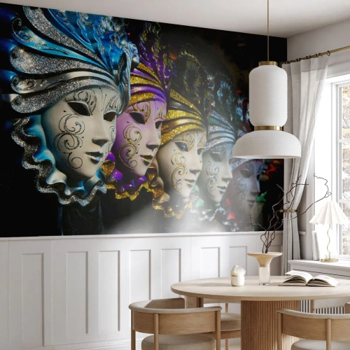 Fototapeta Premium Canvas - Maski weneckie w różnych kolorach z ozdobnymi wzorami - 100x70cm - Tajemnica w złocie i w srebrze - Nowoczesna dekoracja ścienna do salonu i sypialni ARTTOR