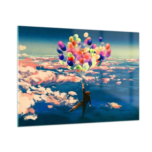 Obraz na szkle - Postać unoszona w przestworzach przez kolorowe balony - 100x70cm - Spełnione marzenie dzieciństwa - Nowoczesna dekoracja ścienna do salonu, kuchni i sypialni ARTTOR