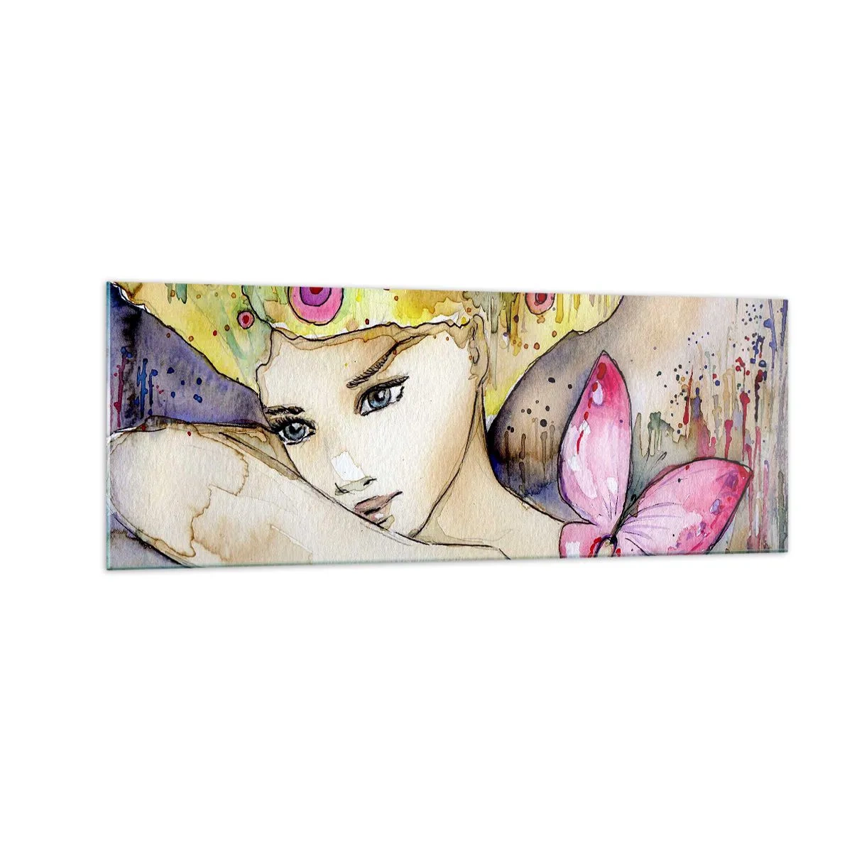 Obraz na szkle - Kobieta z abstrakcyjną fryzurą i różowym motylem - 140x50cm - Motyla księżniczka - Nowoczesna dekoracja ścienna do salonu i sypialni ARTTOR
