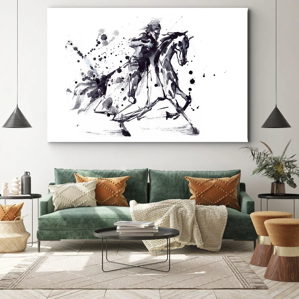 Obraz na płótnie - Czarno-biała akwarela jeźdźca na galopującym koniu - 120x80cm - Czarny rycerz - Nowoczesna dekoracja ścienna do salonu, kuchni i sypialni ARTTOR