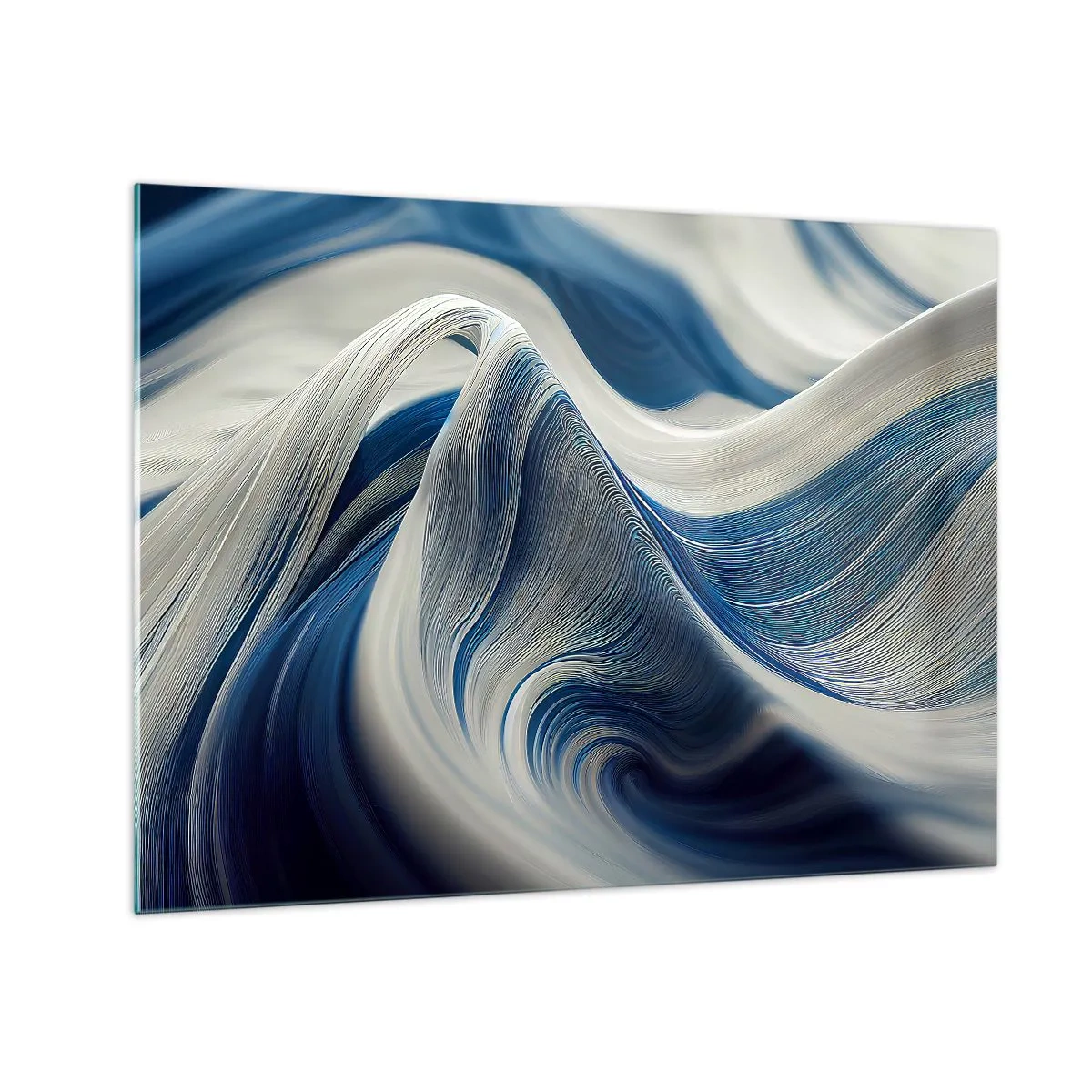 Obraz na szkle - Dynamiczna abstrakcja w odcieniach błękitu i bieli - 70x50cm - Płynność błękitu i bieli - Nowoczesna dekoracja ścienna do salonu i sypialni ARTTOR