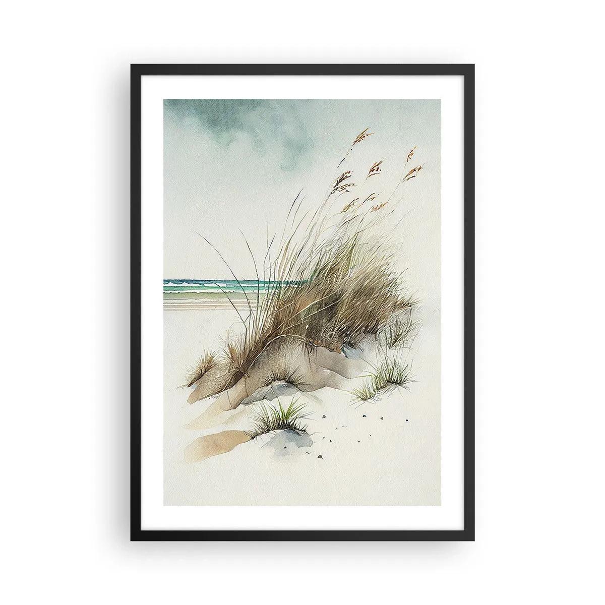 Plakat w czarnej ramie - Wydmy z trawami przy spokojnym morzu w akwarelowym stylu - 50x70cm - Otulone piaskiem - Nowoczesna dekoracja ścienna do salonu i sypialni ARTTOR
