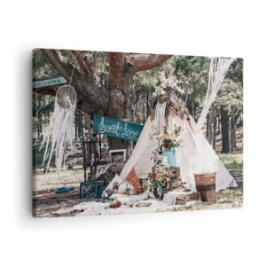 Obraz na płótnie - Dekoracja boho z tipi w lesie - 70x50cm - Make love… - Nowoczesna dekoracja ścienna do salonu i sypialni ARTTOR