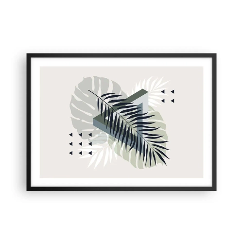 Plakat w czarnej ramie - Geometryczna kompozycja z tropikalnymi liśćmi w odcieniach zieleni - 70x50cm - Natura i geometria – dwa porządki? - Nowoczesna dekoracja ścienna do salonu i sypialni ARTTOR