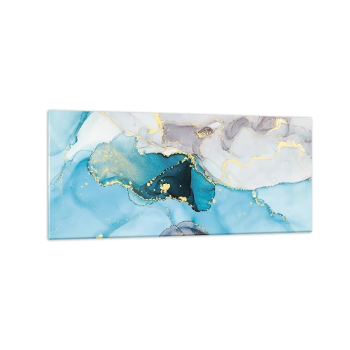 Obraz na szkle - Abstrakcja w odcieniach błękitu i złota z subtelnymi liniami - 120x50cm - Studium spotkania szarości z turkusem - Nowoczesna dekoracja ścienna do salonu i sypialni ARTTOR