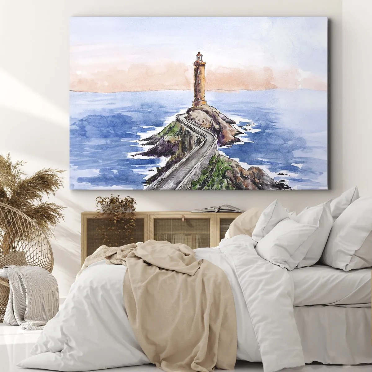 Obraz na płótnie - Latarnia morska na skalistym brzegu - 70x50cm - Zwrócona ku morzu - Nowoczesna dekoracja ścienna do salonu i sypialni ARTTOR