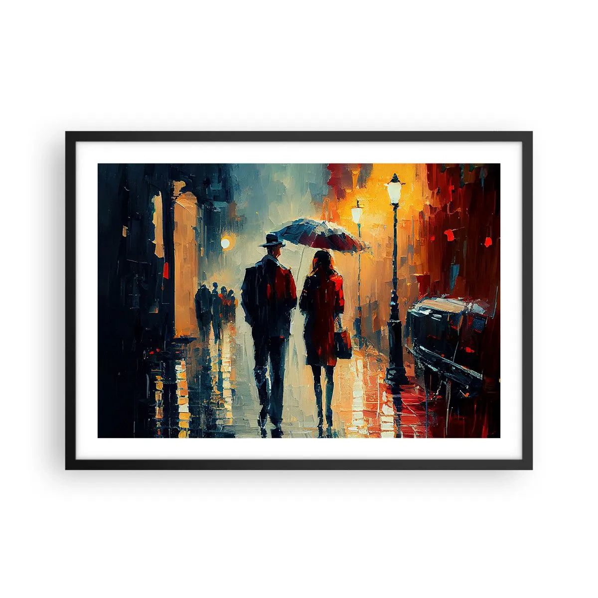 Plakat w czarnej ramie - Spacer w deszczu pod parasolem w mieście nocą - 70x50cm - Miejska love story - Nowoczesna dekoracja ścienna do salonu i sypialni ARTTOR