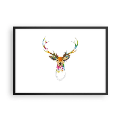 Plakat w czarnej ramie - Kolorowa głowa jelenia w artystycznym stylu - 70x50cm - Łagodny jelonek skąpany w kolorze - Nowoczesna dekoracja ścienna do salonu i sypialni ARTTOR