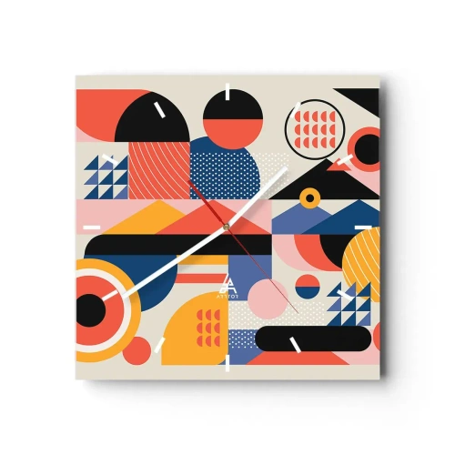Zegar ścienny - Kolorowe geometryczne kształty w stylu retro - 30x30cm - Kompozycja: pobaw się - Nowoczesna dekoracja ścienna do salonu i sypialni ARTTOR