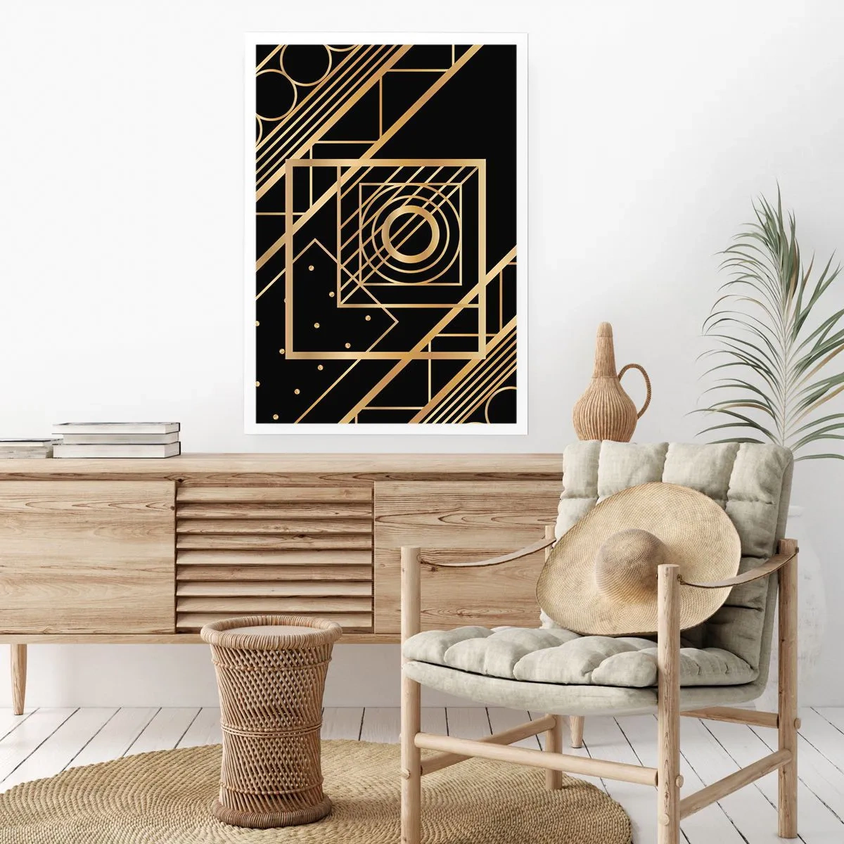 Plakat - Złote geometryczne wzory na czarnym tle w stylu art deco - 50x70cm - Złota geometria - Nowoczesna dekoracja ścienna do salonu, kuchni i sypialni ARTTOR
