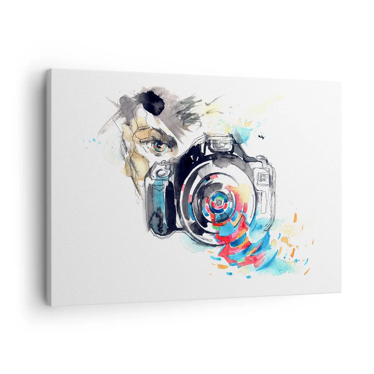 Obraz na płótnie - W oku obiektywu - Akwarela aparatu fotograficznego z kolorowymi detalami - 70x50cm