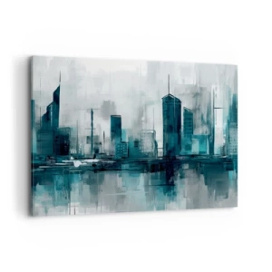 Obraz na płótnie - Nowoczesne miasto w odcieniach turkusu i szarości - 120x80cm - Miasto w kolorze deszczu - Nowoczesna dekoracja ścienna do salonu, kuchni i sypialni ARTTOR