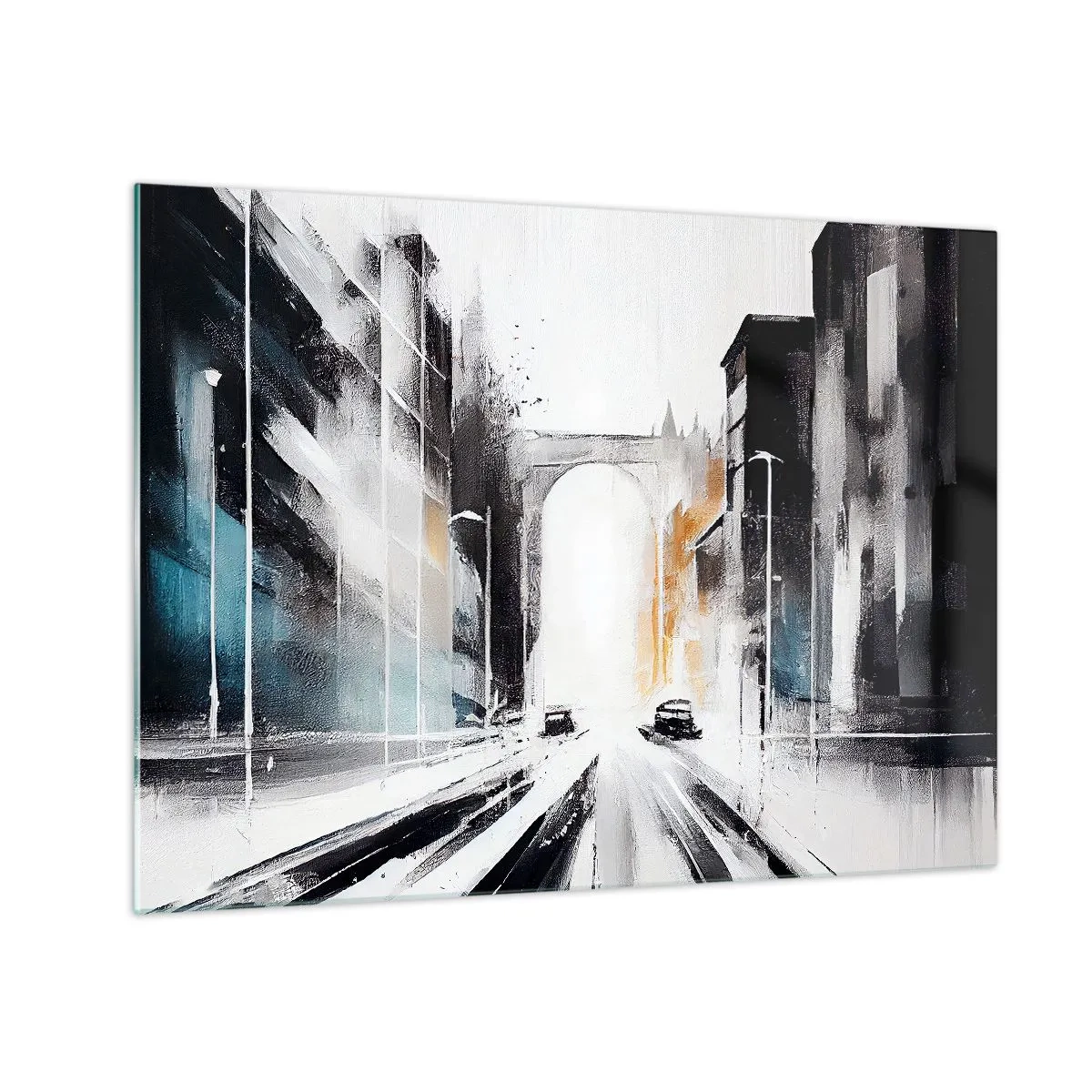 Obraz na szkle - Dynamiczna miejska ulica z samochodami i łukiem w tle w malarskim stylu - 70x50cm - Studium miasta: architektura i ruch - Nowoczesna dekoracja ścienna do salonu i sypialni ARTTOR