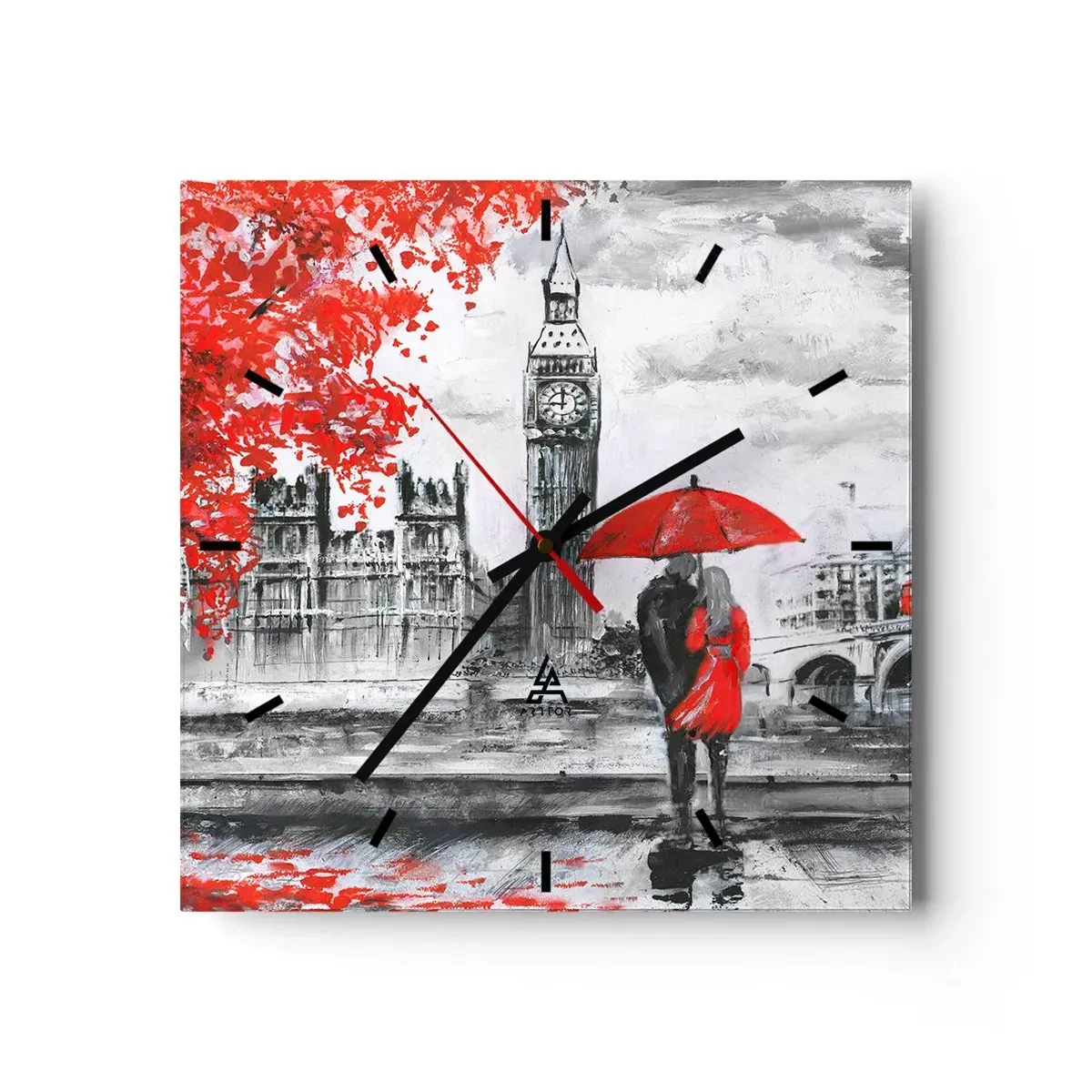 Zegar ścienny - Romantyczna scena z Big Benem i czerwoną parasolką - 30x30cm - Zakochani w Londynie - Nowoczesna dekoracja ścienna do salonu i sypialni ARTTOR