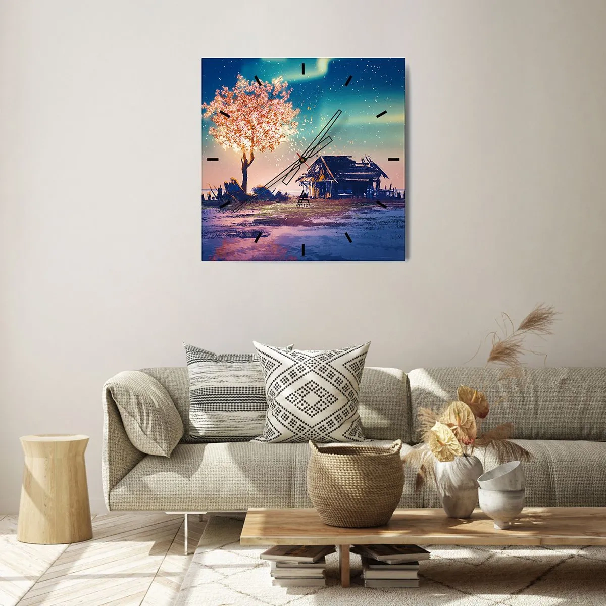 Zegar ścienny - Dom i kwitnące drzewo pod nocnym niebem - 30x30cm - Natura nie przemija - Nowoczesna dekoracja ścienna do salonu i sypialni ARTTOR