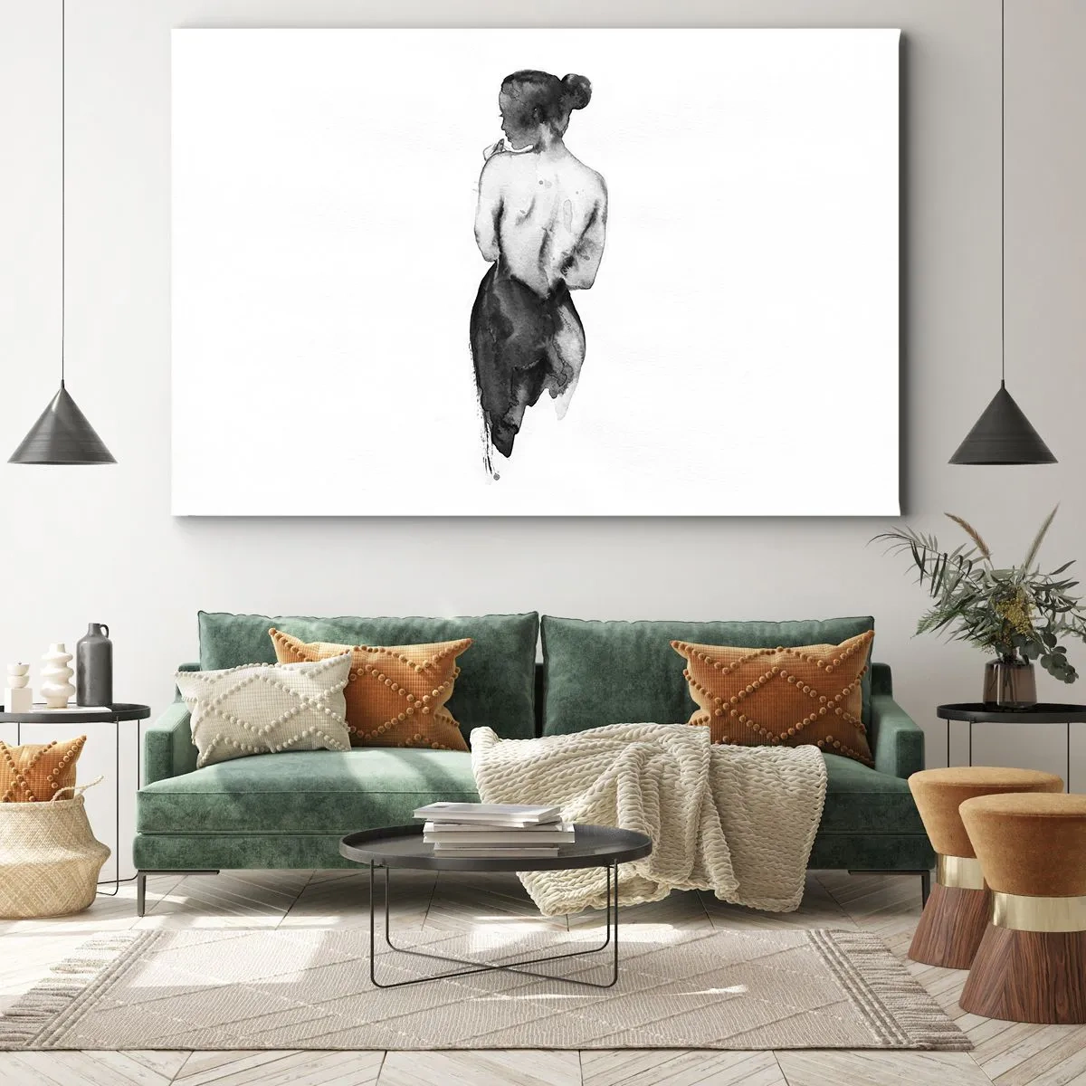 Obraz na płótnie - Postać kobiety uchwycona w subtelnej akwareli - 70x50cm - Przy niej świat znika - Nowoczesna dekoracja ścienna do salonu i sypialni ARTTOR