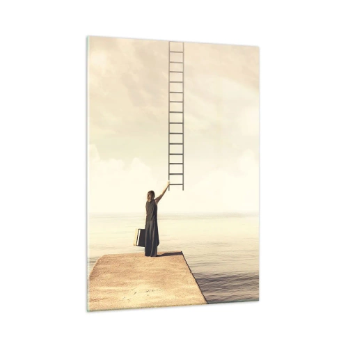 Obraz na szkle - Kobieta na molo z drabiną prowadzącą do nieba - 50x70cm - Magiczna podróż - Nowoczesna dekoracja ścienna do salonu, kuchni i sypialni ARTTOR