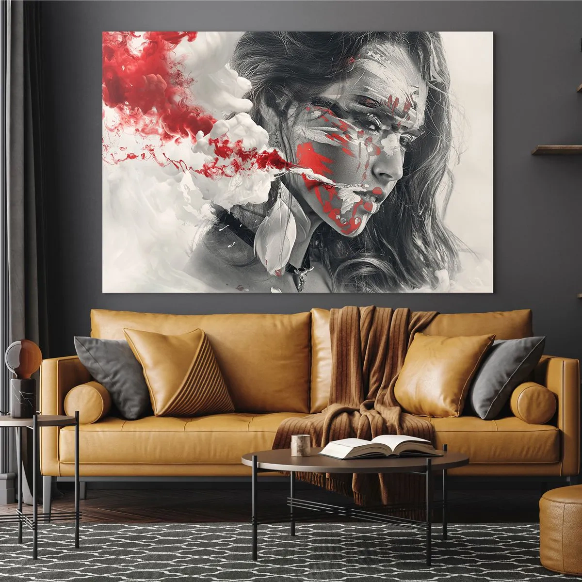 Obraz na szkle - Portret kobiety z abstrakcyjnymi czerwonymi i białymi wzorami - 70x50cm - W oparach absurdu - Nowoczesna dekoracja ścienna do salonu i sypialni ARTTOR