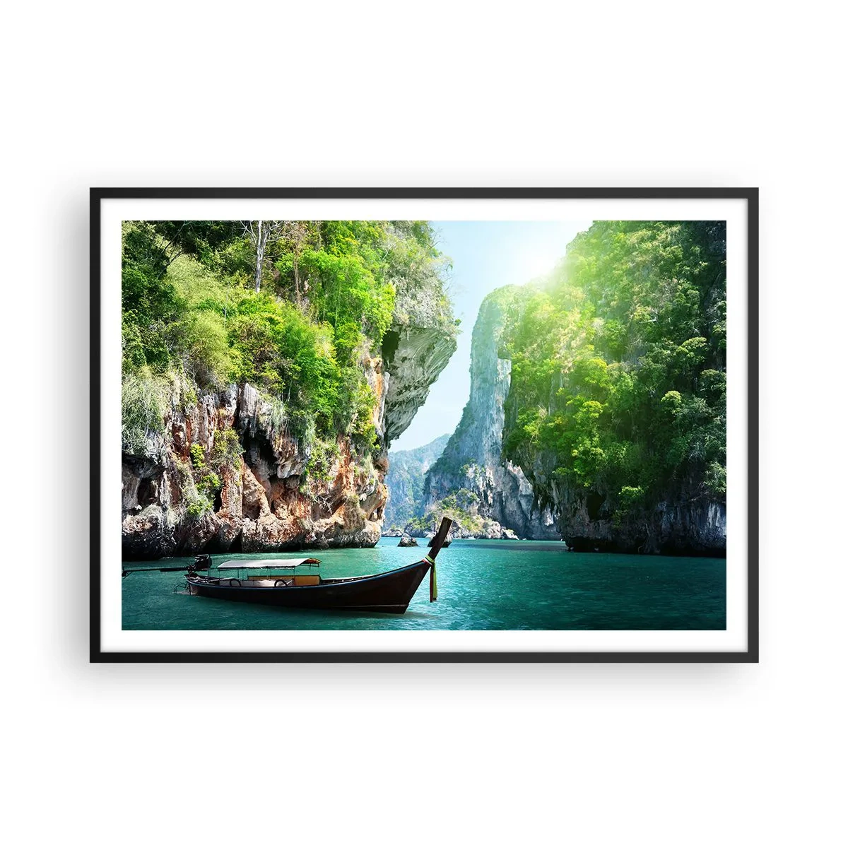 Plakat w czarnej ramie - Tradycyjna łódź na tle tropikalnych klifów i turkusowej wody - 100x70cm - Zaproszenie do egzotycznej podróży - Nowoczesna dekoracja ścienna do salonu i sypialni ARTTOR