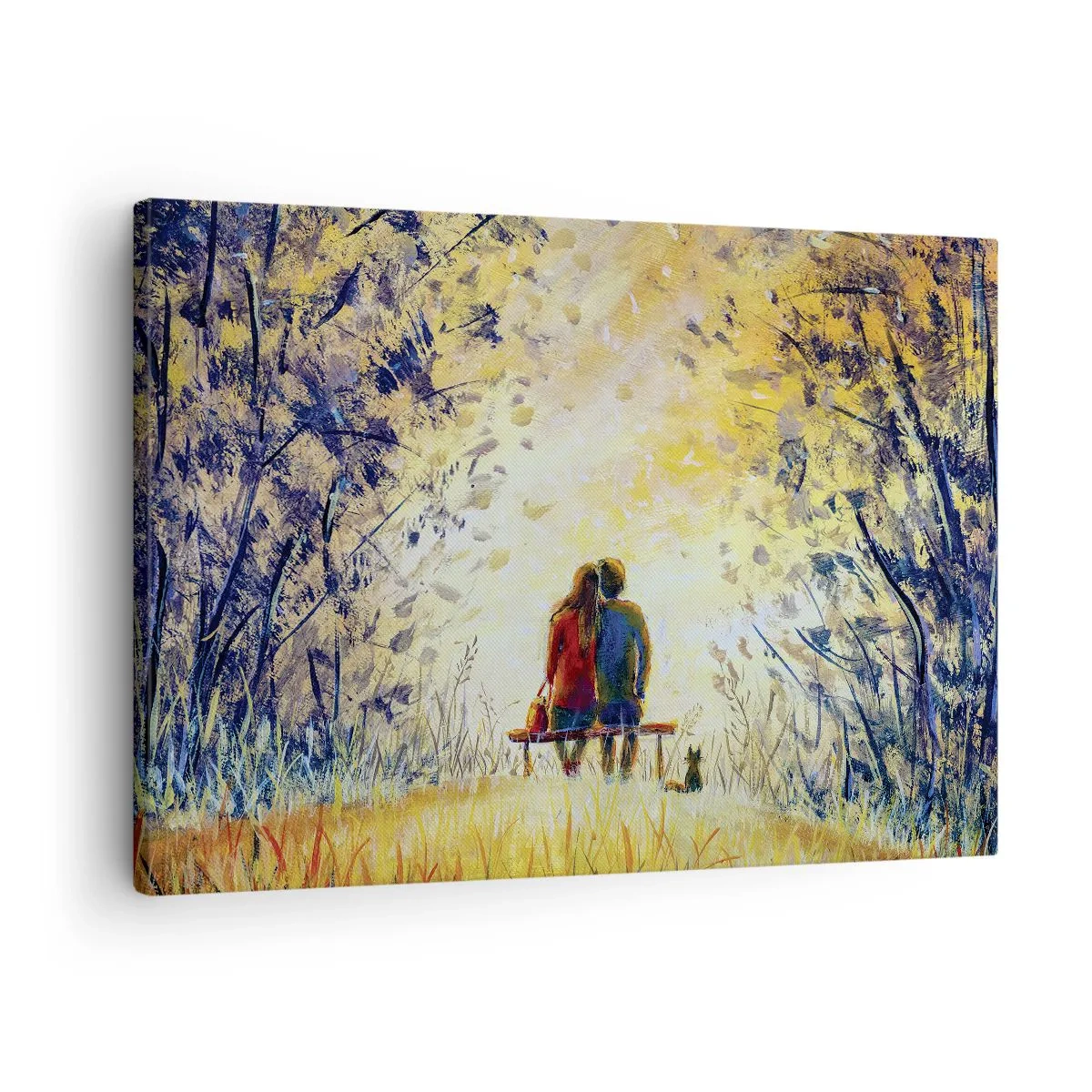 Obraz na płótnie - Para siedząca na ławce wśród jesiennych drzew w świetle słońca - 70x50cm - Magiczna chwila - Nowoczesna dekoracja ścienna do salonu i sypialni ARTTOR
