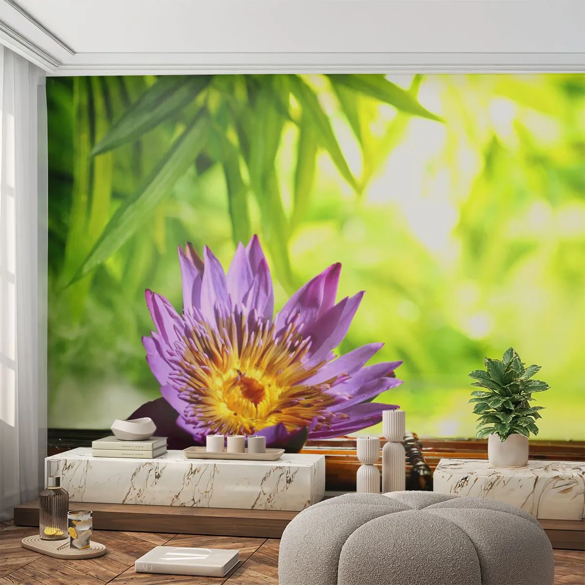 Fototapeta Premium Canvas - Purpurowy kwiat lotosu na tle zielonych liści bambusa - 100x70cm - W azjatyckim słońcu - Nowoczesna dekoracja ścienna do salonu i sypialni ARTTOR