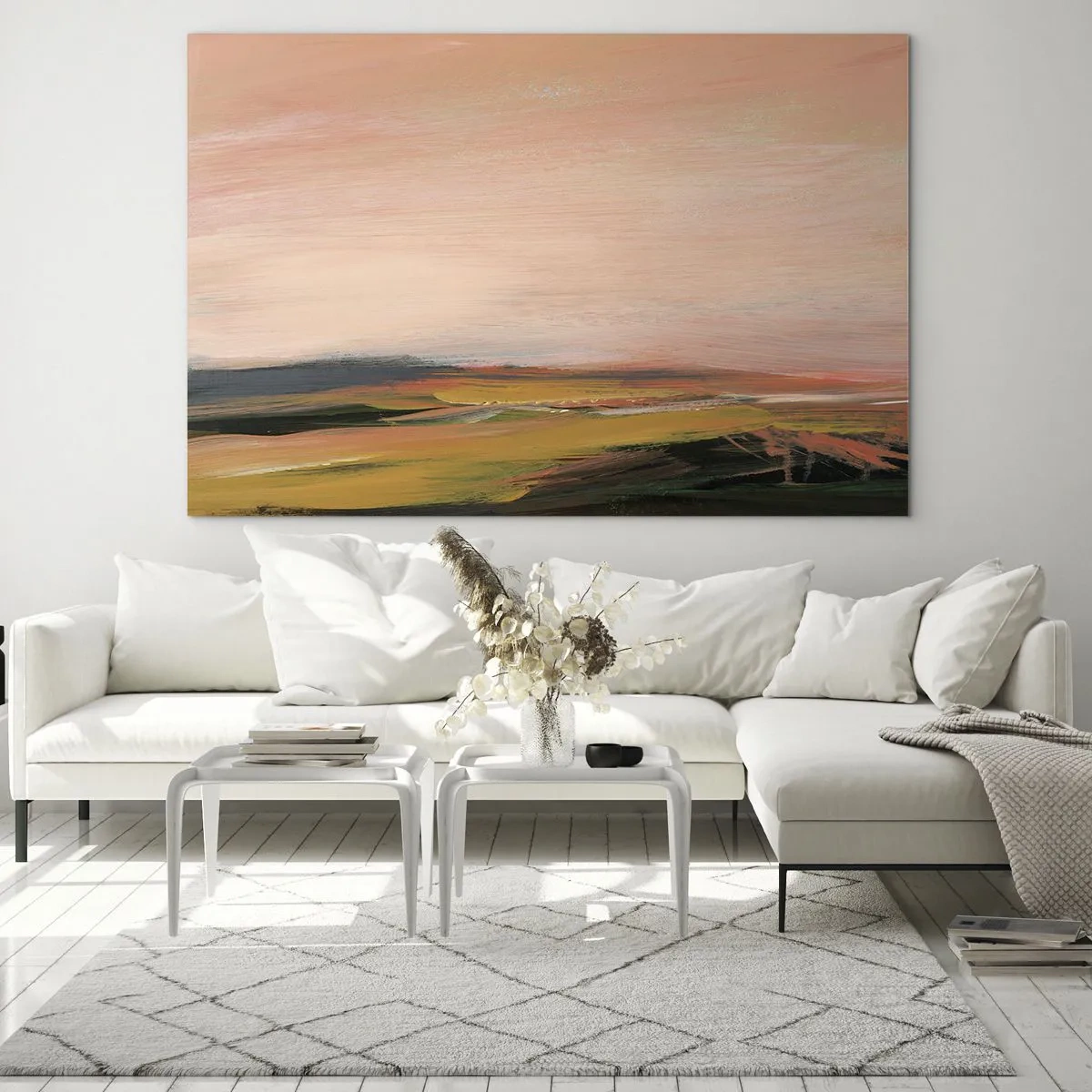 Obraz na szkle - Abstrakcyjny pejzaż w odcieniach różu i złamanej zieleni - 70x50cm - W różowej tonacji - Nowoczesna dekoracja ścienna do salonu i sypialni ARTTOR