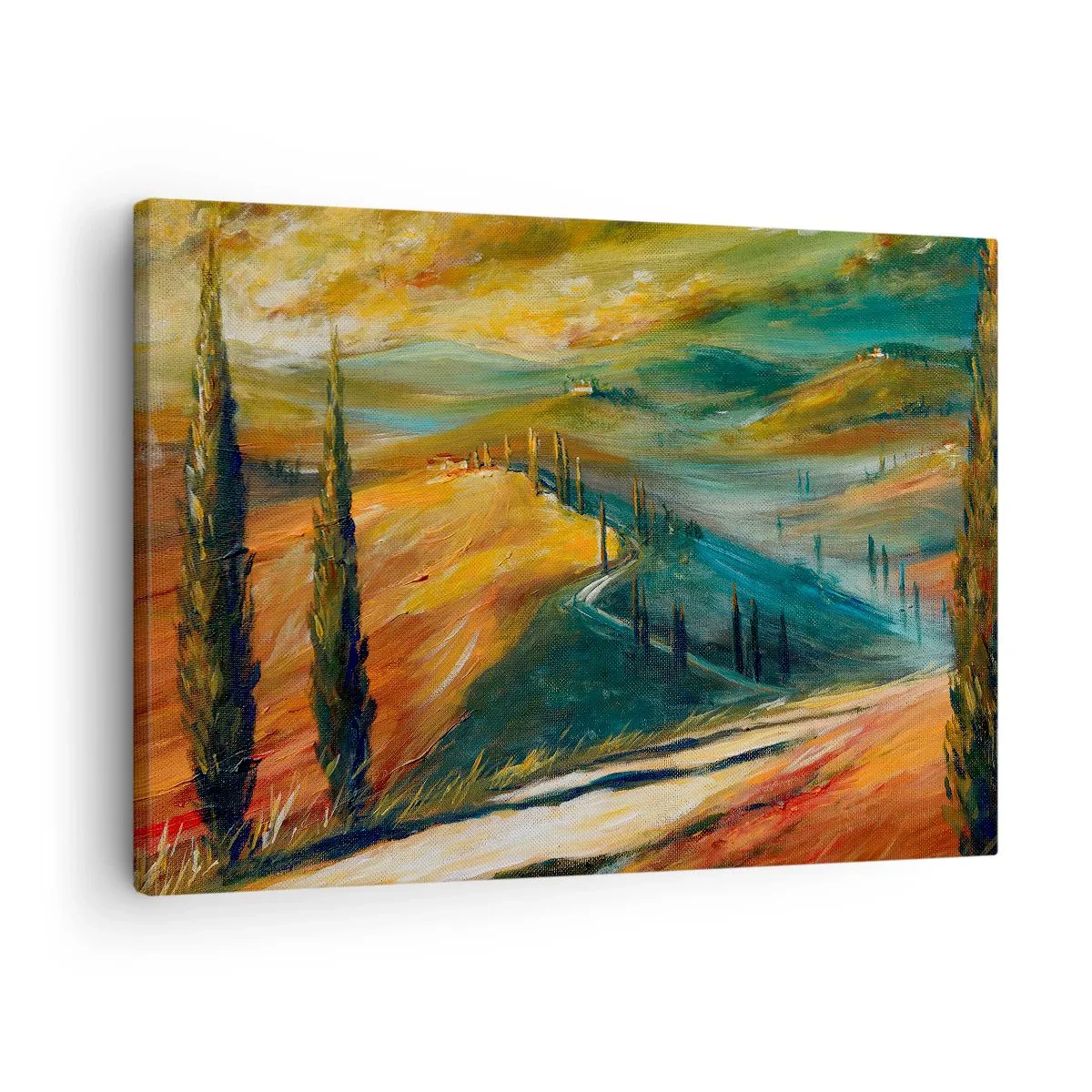 Obraz na płótnie - Toskański krajobraz z polami, drogą i cyprysami - 70x50cm - Toskański pejzaż - Nowoczesna dekoracja ścienna do salonu i sypialni ARTTOR