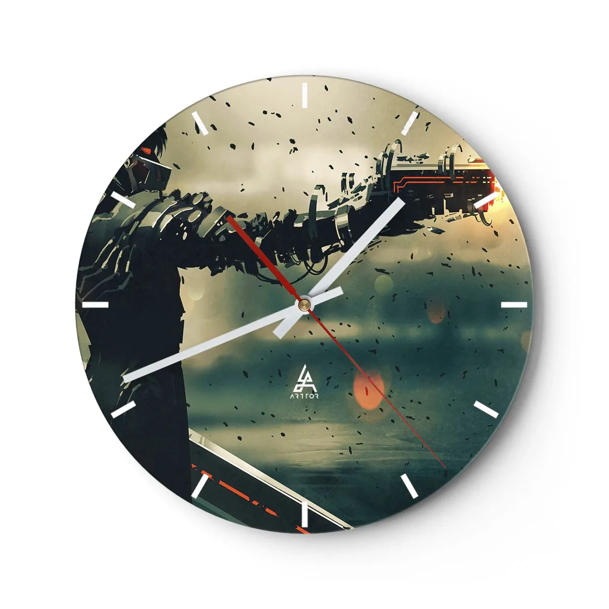 Zegar ścienny - Futurystyczna postać z cybernetyczną bronią w dynamicznej scenerii - 30x30cm - Zabójcza broń - twój własny Terminator - Nowoczesna dekoracja ścienna do salonu, kuchni i sypialni ARTTOR