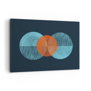 Obraz na płótnie - Geometryczne koła w odcieniach niebieskiego i pomarańczowego - 100x70cm - Kompozycja symetryczna - Nowoczesna dekoracja ścienna do salonu, kuchni i sypialni ARTTOR