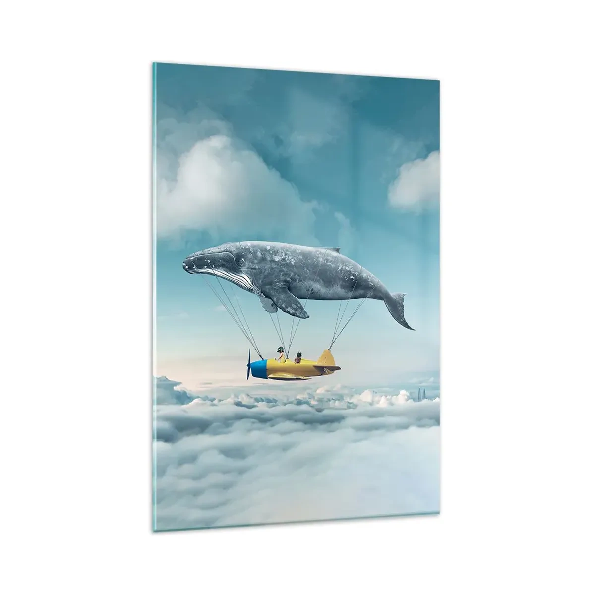 Obraz na szkle - Latający wieloryb unoszący samolot w surrealistycznej scenerii - 80x120cm - Dlaczego nie? - Nowoczesna dekoracja ścienna do salonu i sypialni ARTTOR