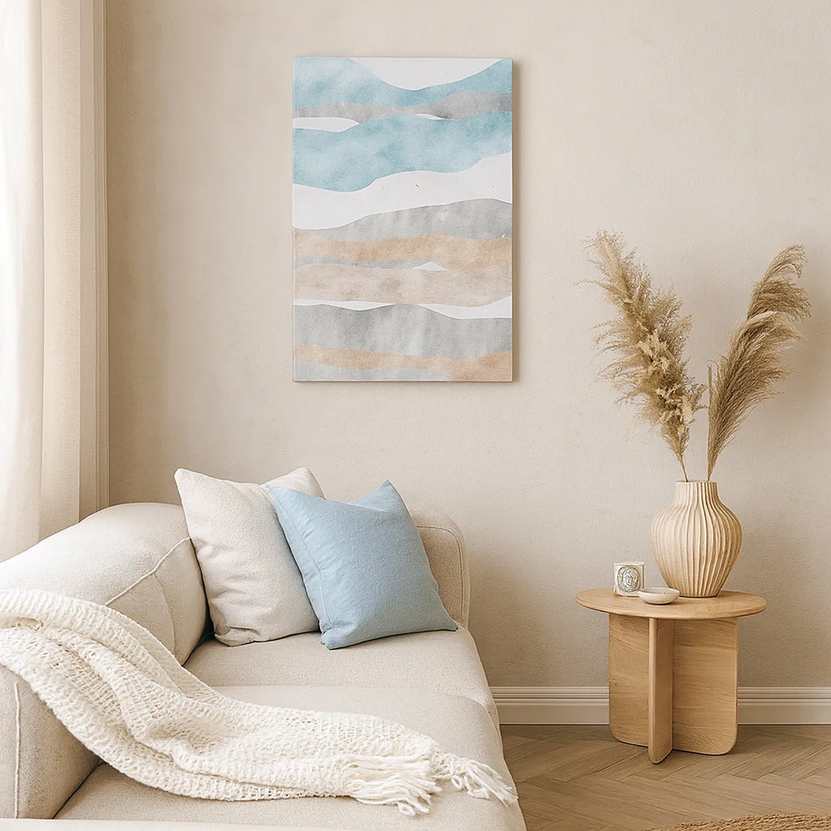 Obraz na płótnie - Abstrakcyjna kompozycja fal w odcieniach błękitu, beżu i szarości - 50x70cm - Studium bliskości - Nowoczesna dekoracja ścienna do salonu, kuchni i sypialni ARTTOR