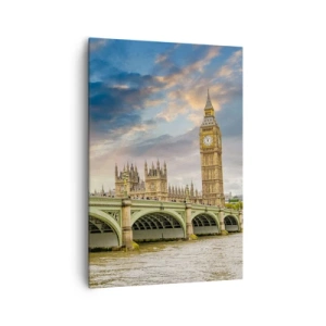 Obraz na płótnie - Big Ben i Westminster Bridge na tle nieba o zmierzchu - 70x100cm - Czas stanął w Imperium - Nowoczesna dekoracja ścienna do salonu i sypialni ARTTOR