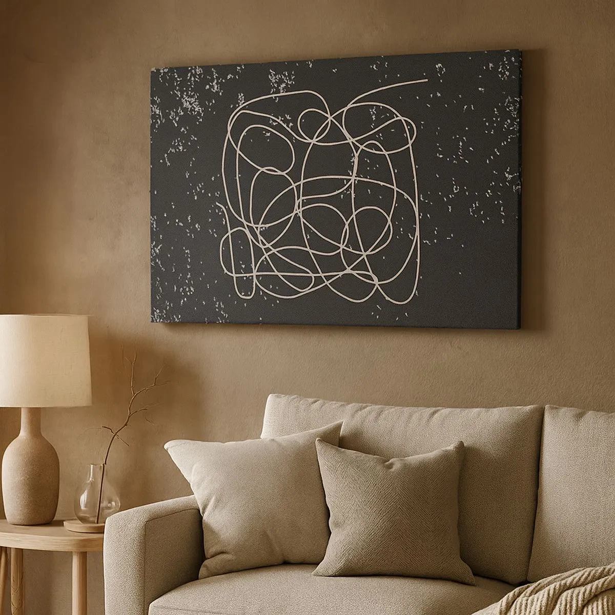 Obraz na płótnie - Abstrakcyjna linia na czarnym tle z drobnymi detalami - 70x50cm - Błądzenie myśli - Nowoczesna dekoracja ścienna do salonu i sypialni ARTTOR