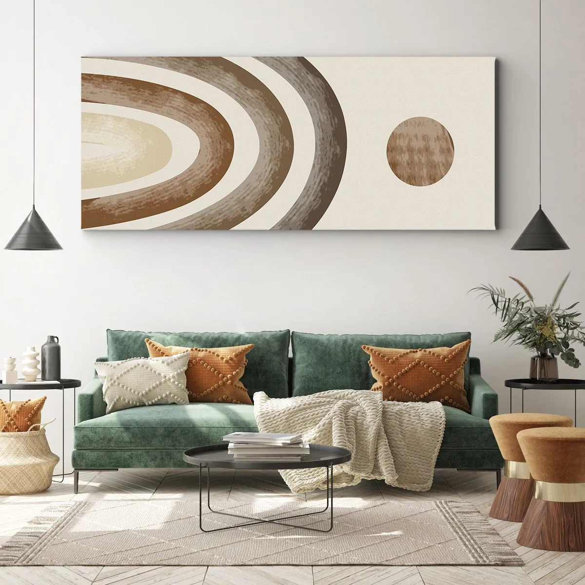 Obraz na płótnie - Geometryczny motyw planetarny w odcieniach brązu - 140x50cm - W odległej galaktyce - Nowoczesna dekoracja ścienna do salonu i sypialni ARTTOR