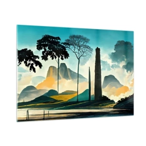 Obraz na szkle - Fantazyjny pejzaż z górami, drzewami i strzelistą skałą - 100x70cm - Wciąż wyżej i wyżej - Nowoczesna dekoracja ścienna do salonu, kuchni i sypialni ARTTOR