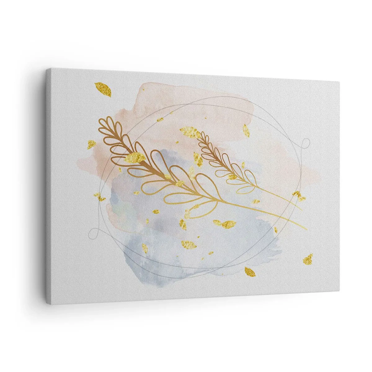 Obraz na płótnie - Delikatny motyw liści w złotym kolorze na pastelowym tle z akwarelowymi detalami - 70x50cm - Złoty podmuch - Nowoczesna dekoracja ścienna do salonu i sypialni ARTTOR