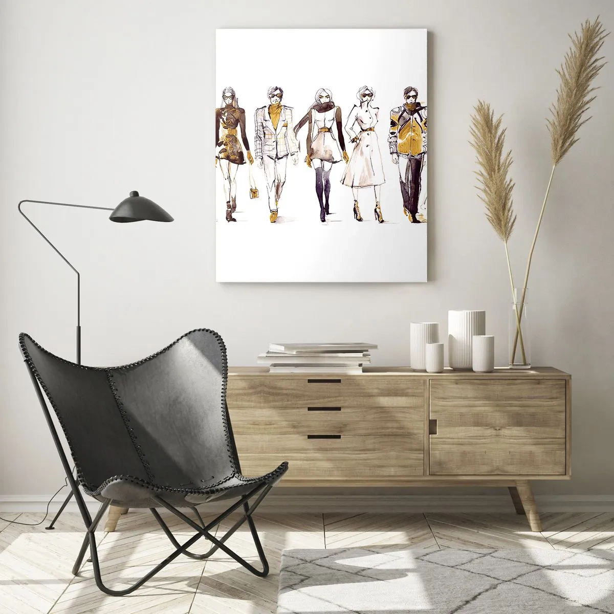 Obraz na szkle - Szkic grupy osób w stylizacjach modowych - 80x120cm - Niewymuszony szyk, swobodna elegancja - Nowoczesna dekoracja ścienna do salonu i sypialni ARTTOR