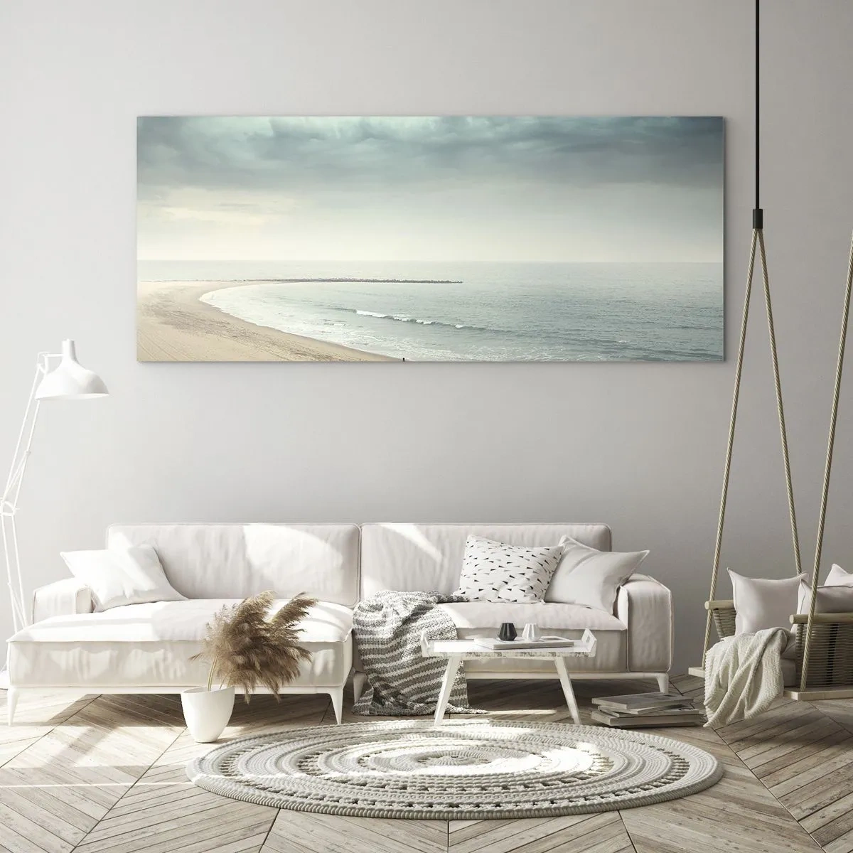 Obraz na szkle - Samotna postać na opustoszałej plaży przy spokojnym morzu - 160x50cm - w poszukiwaniu spokoju - Nowoczesna dekoracja ścienna do salonu i sypialni ARTTOR